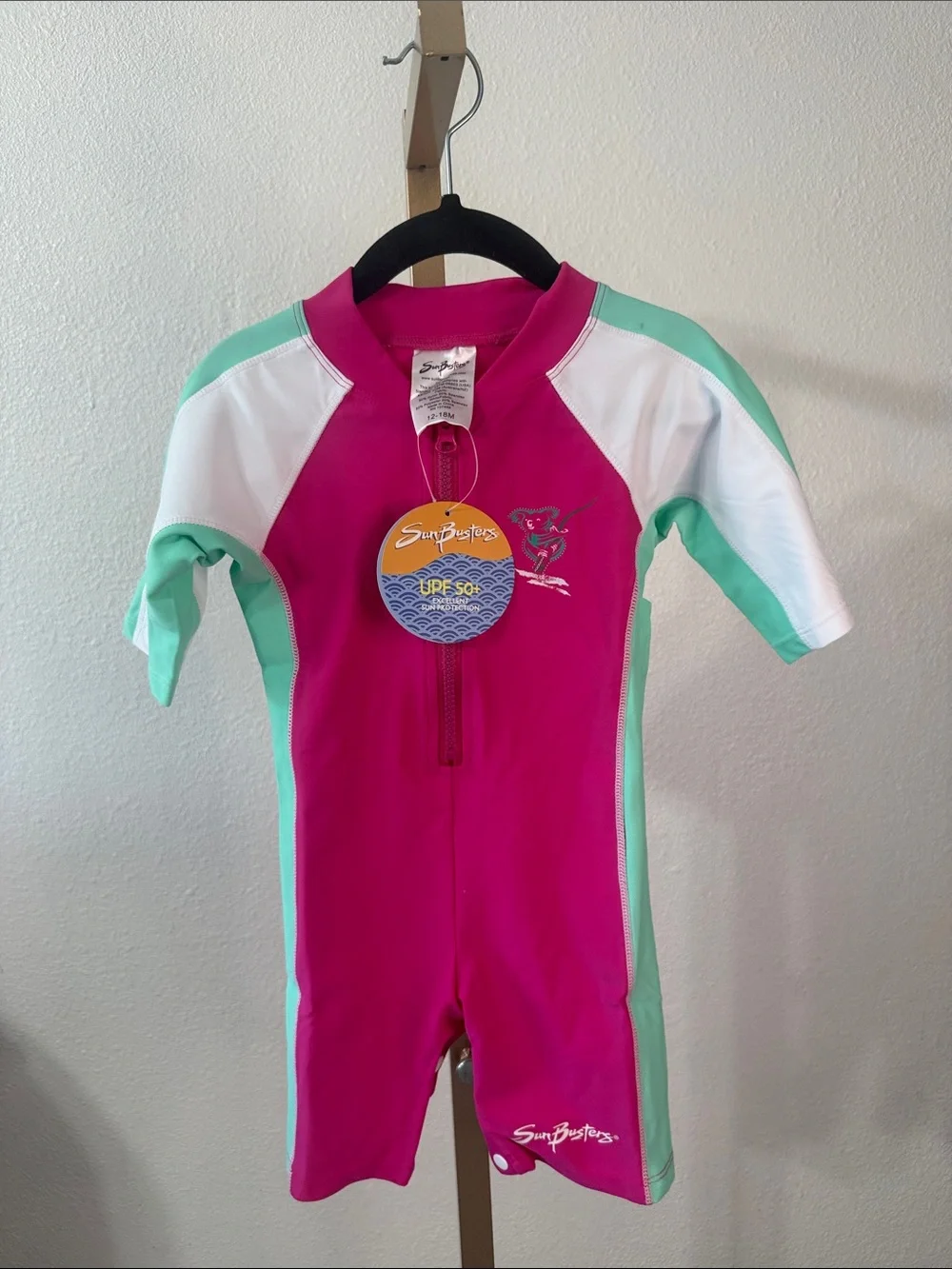 Girls' Pink & Mint Short Sleeve UPF Swim Suit- Size 3T